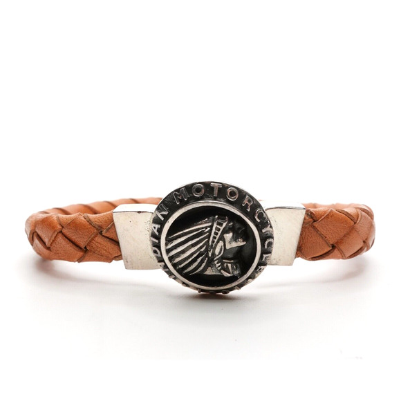 King Baby Studio Thick Brown Breaded Leather Bracelet Indian Icon Silver .925